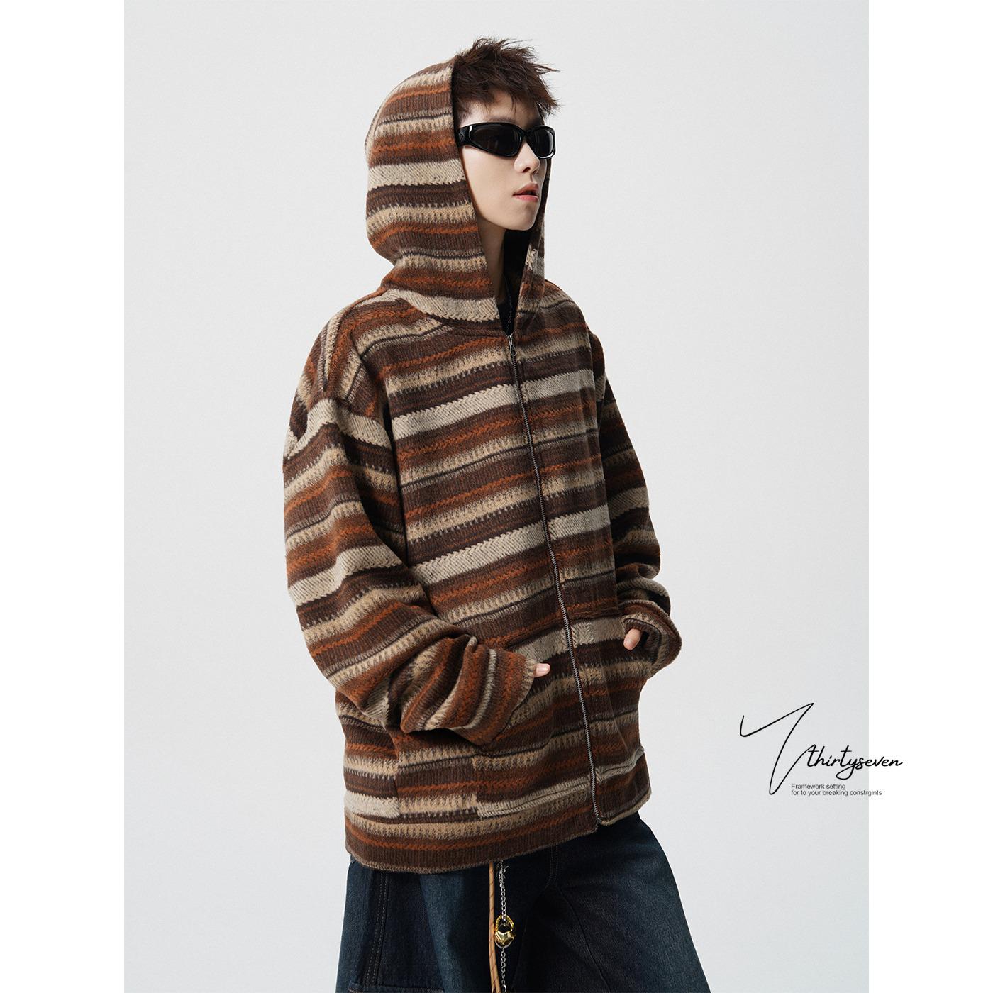 Унисекс ретро клетчатый шерстяной полосатый худи-кардиган - Повседневный стиль для пары XL коричневый