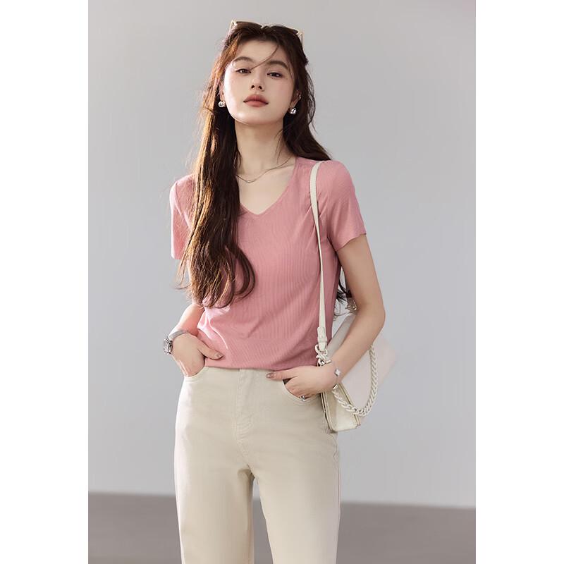 VICTORIA&VERA Women's Ribbed High-Stretch Mulberry Silk Short Sleeve T-Shirt