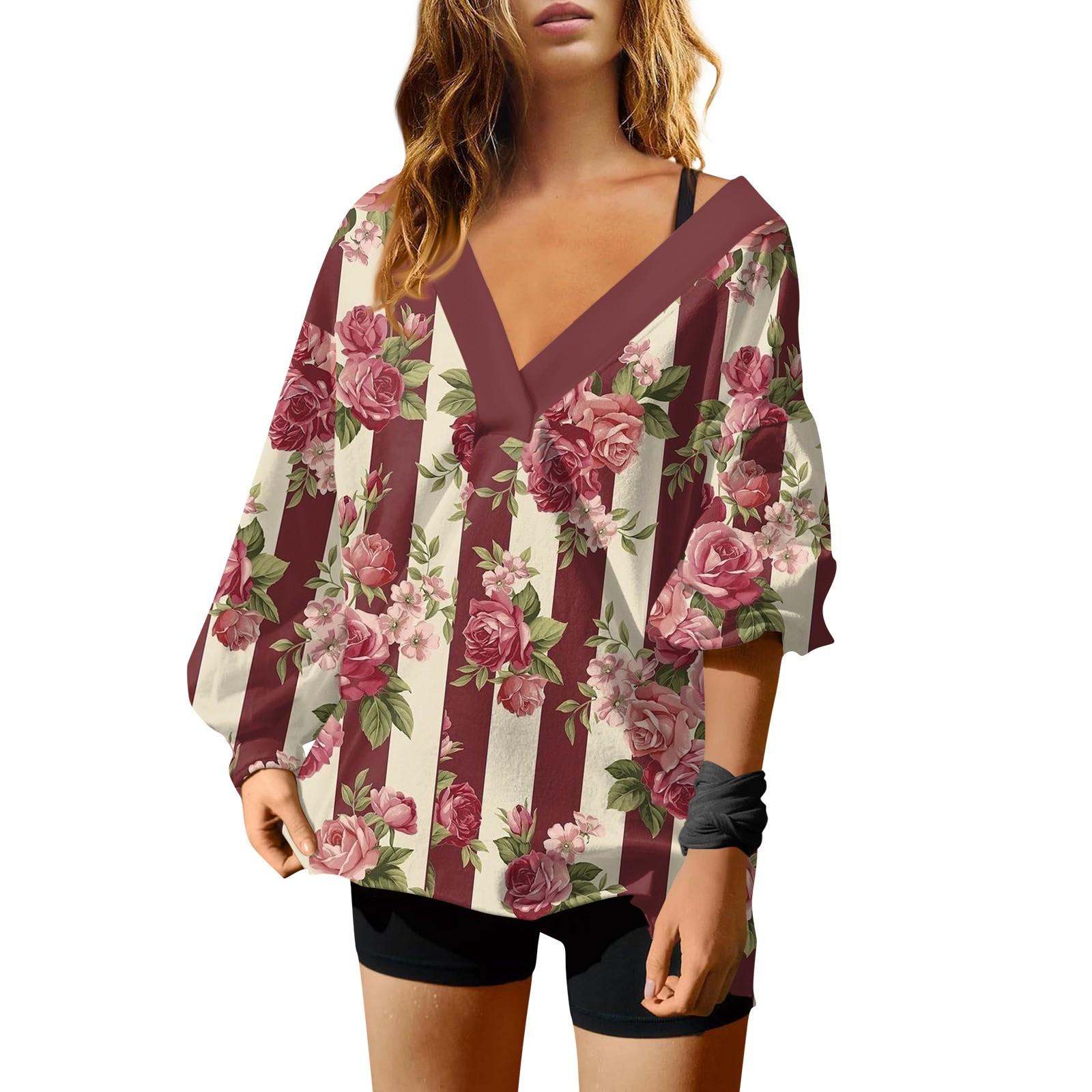 Женская мода V-образный вырез длинный рукав принтованный свободный пуловер свитшот топ — фото 11