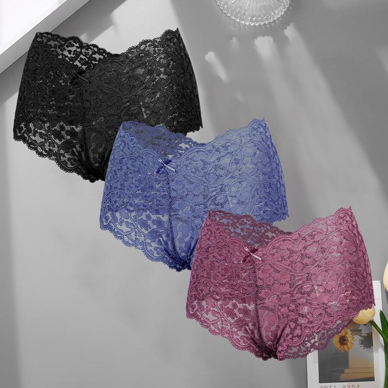 3Pcs/Set Sexy Lace Bowknot Boxer Shorts For Women Seamless Hollow Out Perspective Boyshort Female Sport Breathable Lingerie S-XL