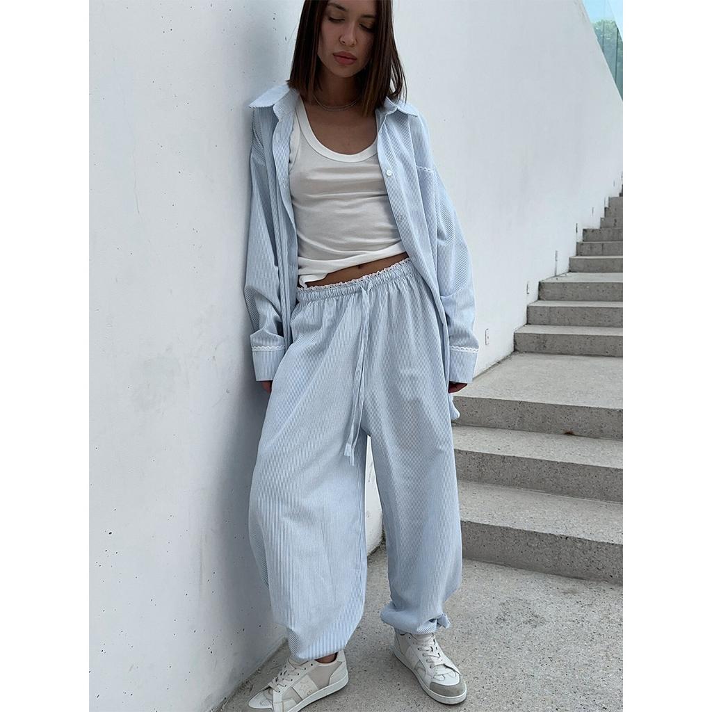 Spring New Women Vertical Stripe Shirt + Drawstring Pants Two Piece Set, Casual Striped Outfit Suits For Women