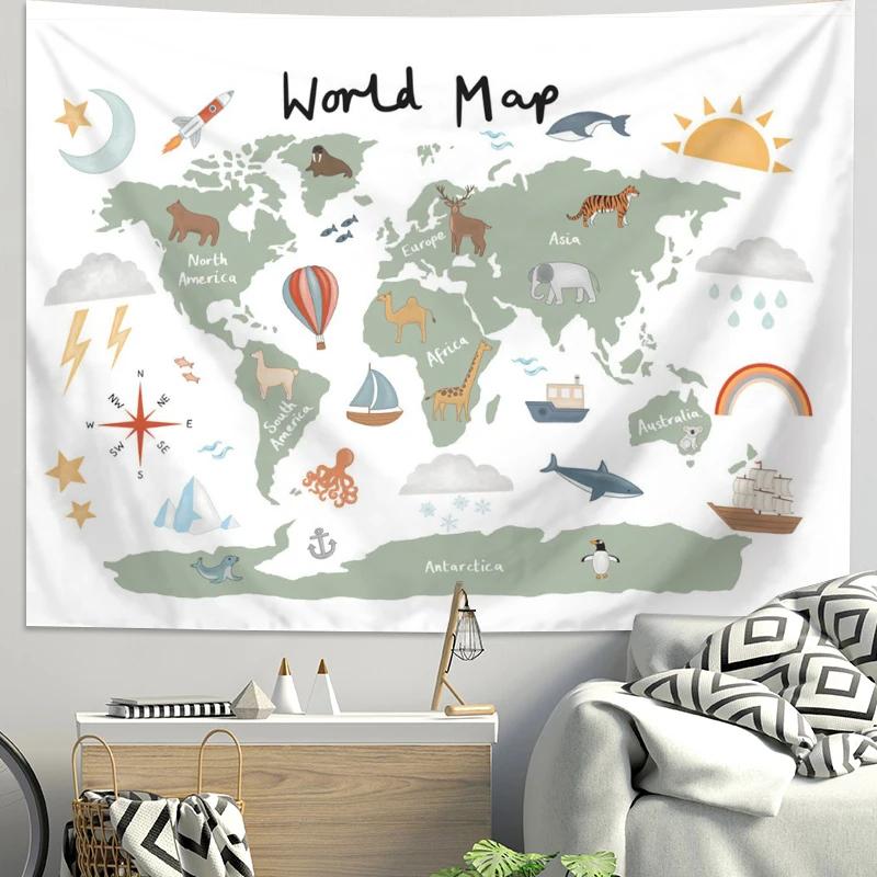 Kids World Map Tapestry Cartoon Animal Continents Educational Wall Hanging Decor for Nursery Bedroom 100X70CM
