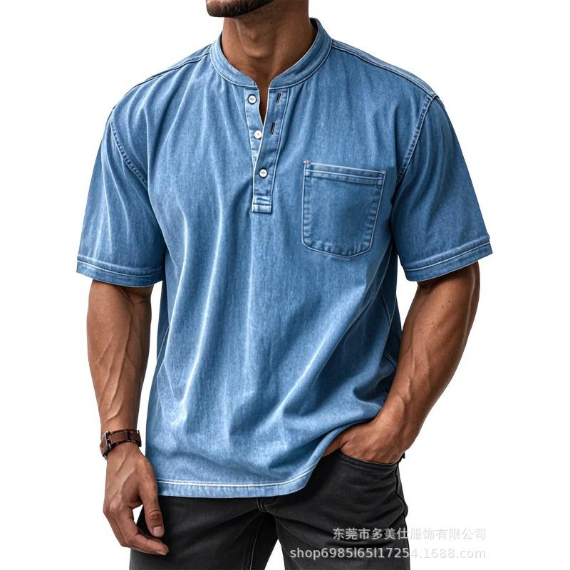 Mens Casual Washed Denim Henley Neck Short Sleeve T Shirt With Pocket