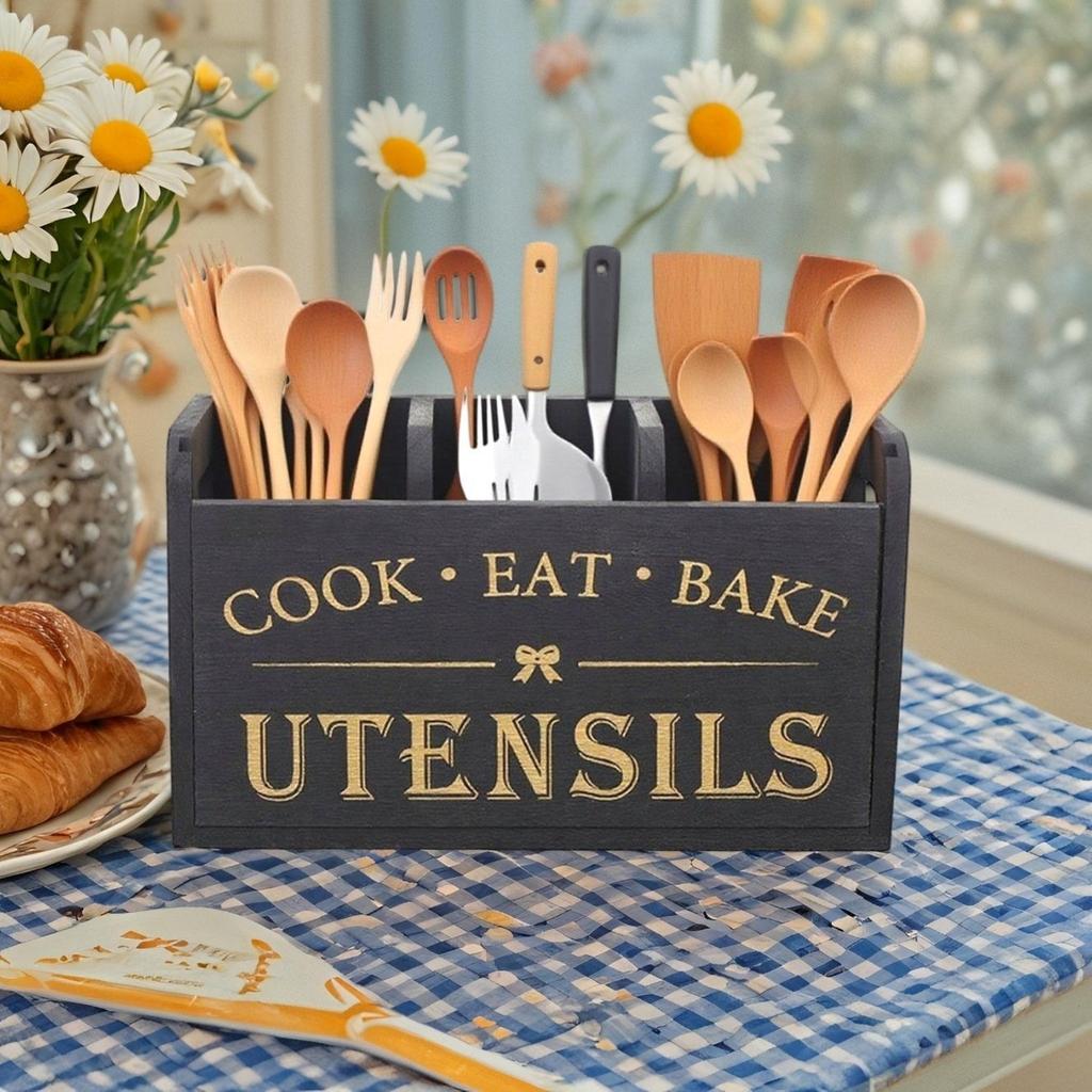 Wooden Utensil Organizer - 3-Compartment Countertop & Wall-Mounted Storage BoxHeavy-Duty Kitchen Rack with Multi-Functional Design