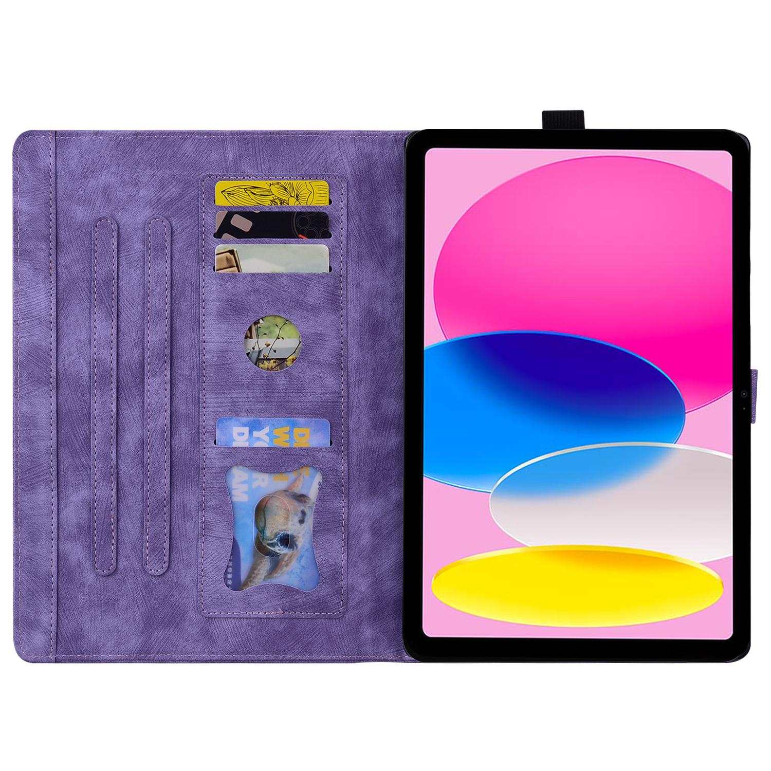 

For iPad (2025)/10.9 (2022) PU Leather Tablet Case Imprinted Flower Cat Card Holder Stand Tablet Cover Purple