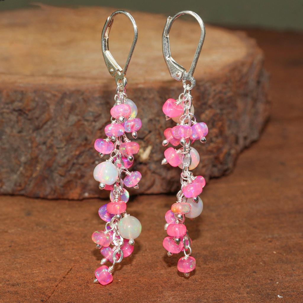 AAA Ethiopian White and Pink Opal Beads Cluster Earring, MultiFire Opal Round Beads Earring, Opal Smooth Earring for Women, Delicate Earring
