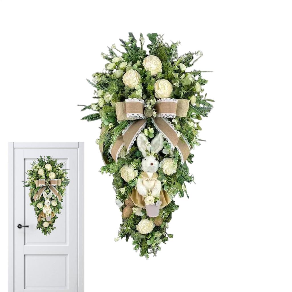 Easter Teardrop Wreath Ornament Easter Rabbit Flower Basket Wreath Artificial Teardrop Bunny Garland For Front Door, Patio
