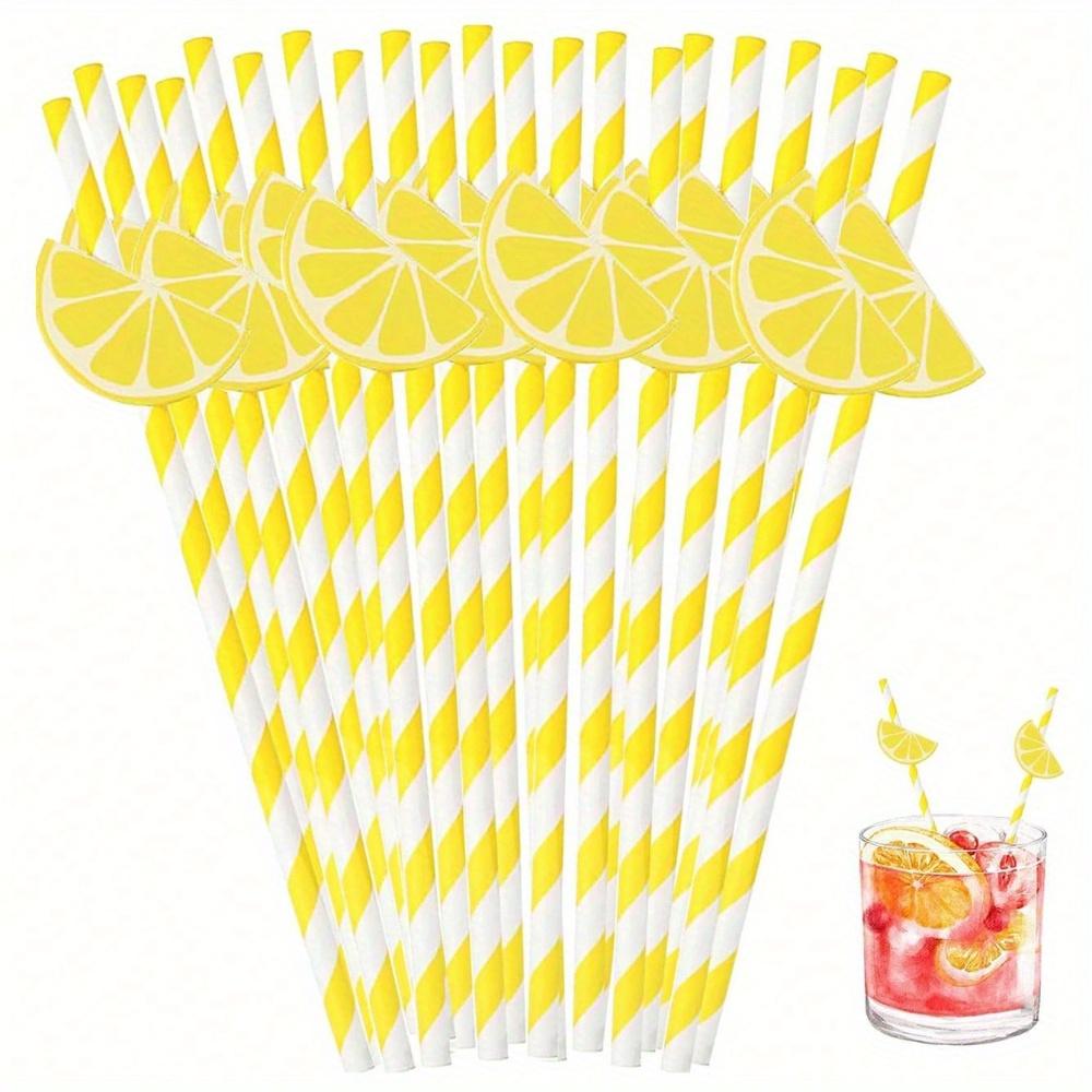 Lemon Paper Straws Disposable Cocktail Straws for Drinks Striped Straws, Individually Wrapped Plastic Straw with Lemon Shape