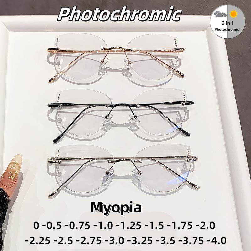 High Quality Frameless Pochromic Myopia Glasses All Titanium Ultra Light Cat Eye Anti Blue Light Glasses Diopter To -4.0