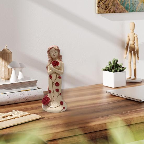 Hugging Rose Goddess Statue Resin Red Rose Girl Figurine Sculpture Home Office Desktop Bookshelf Decoration Ornament