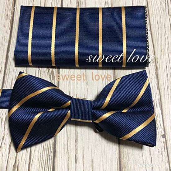 Two-tone Striped Navy X Gold [bow Tie & Pocket Square] 2-piece Set for Men. One-touch Fitting, Formal Style, Perfect for Weddings and After-parties.