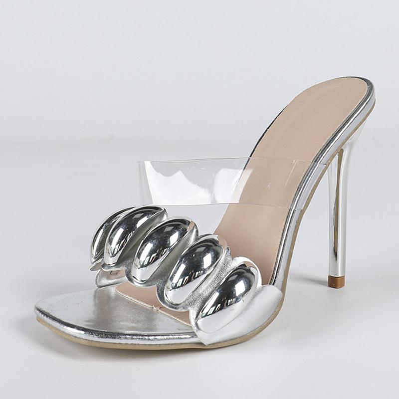 

Лето 2025 Бренд Металлический Декор Женские Шлепанцы Сандалии Мода Банкет Серебристые Высокие Каблуки Прозрачная Обувь Женские Мюли Слайды 35 серебряный