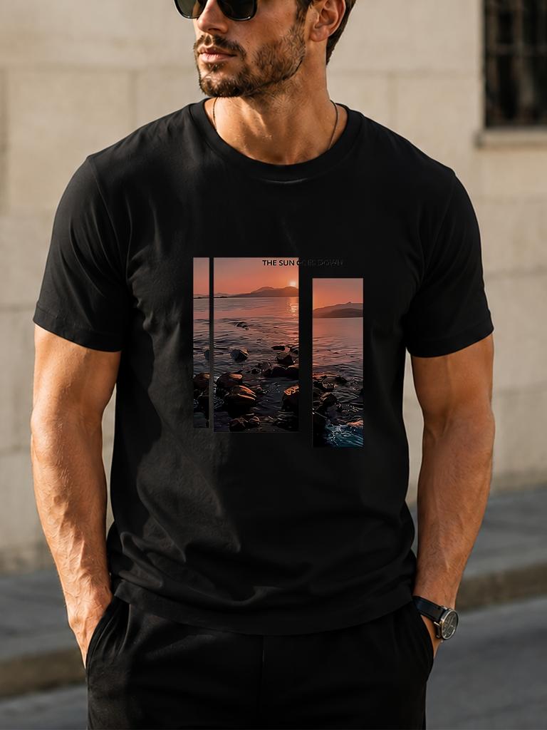 1pc Sunset Lakeside Rock Scenery Pattern Unisex T-Shirt with Print - Suitable for Casual Wear, Casual All-Match, Summer Item, Pure Top
