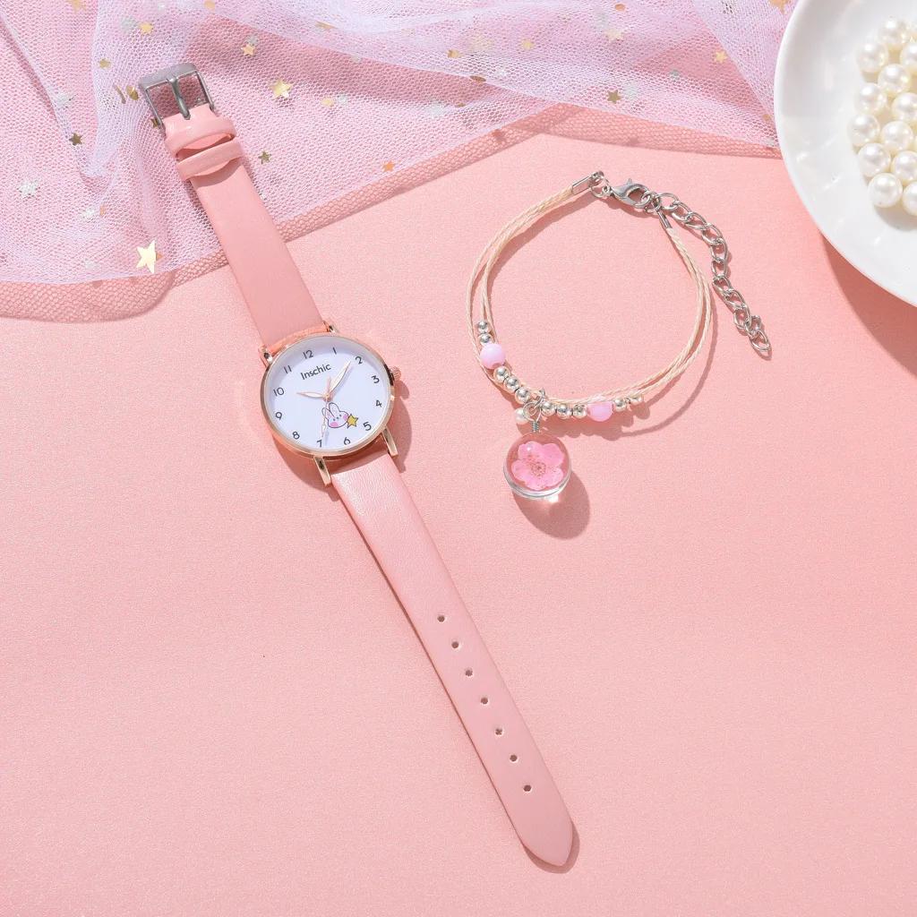 

2/5pcs Women Watch Bracelet Set Leather Cute Rabbit Girls Wristwatch Fashion Ladies Quartz Clock Reloj Mujer Students Gift