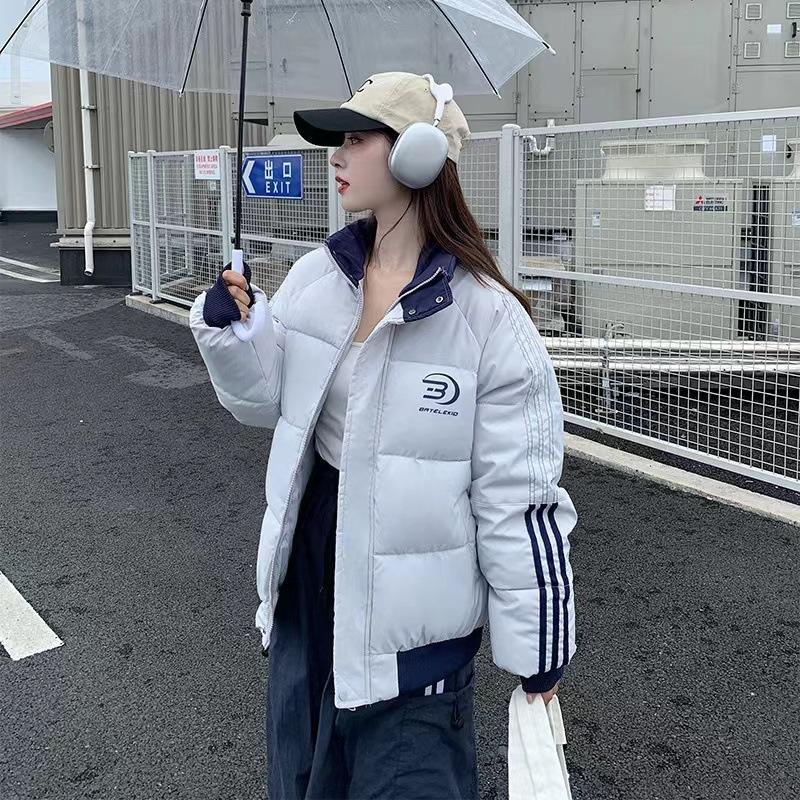 Korean trendy brand side three-bar stripe contrasting stand-up collar cotton jacket cotton clothes new warm and thickened padded jacket top in winter
