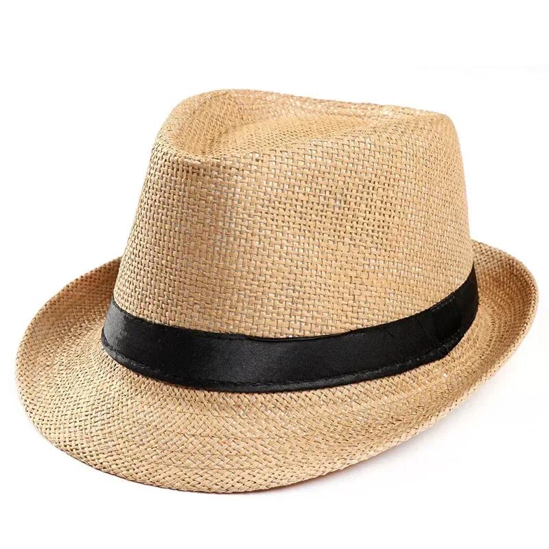 Fashion Men Straw Hat for Women Summer Trendy Beach Sun Hats Solid Color Fedoras Ribbon Casual Cowboy Jazz Cap Gangster Cap Male