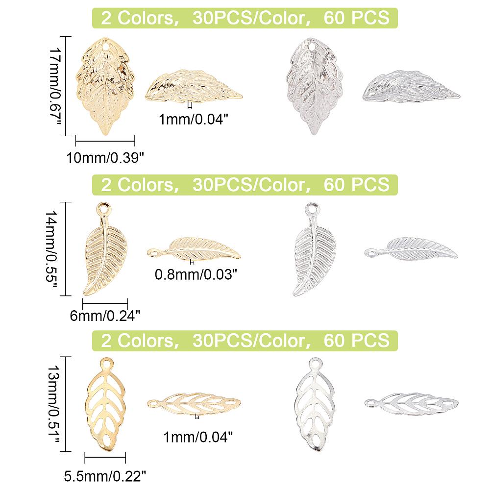 180Pcs 6 Style 304 Stainless Steel Pendants Filigree Charms Leaf Golden & Stainless Steel Color 13~17x5.5~10x0.5~1mm Hole: 0.8~1mm 30pcs/style