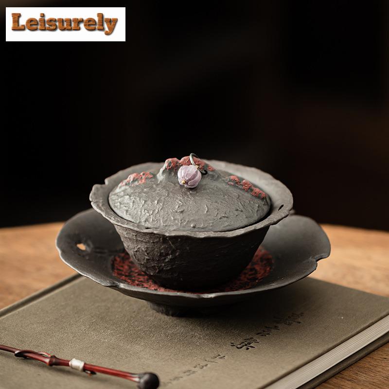 150ML Kreativer Flammenberg Alter Gesteinslehm Gaiwan Teetasse Teeschale mit Deckel Set Teezubereitungsdeckelschale Teegeschirr Dekoration