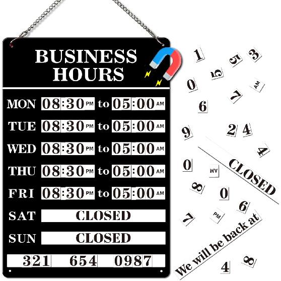 Magnetic Changeable Business Hours Sign, Metal Hours of Operation Signs for Business, Store Hours Sign for Glass Door or Window (BLACK)