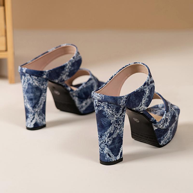 Slippers for Women 2026 New Outward Wear Summer French Block Heel One-word Platform Temperament Denim High Heels