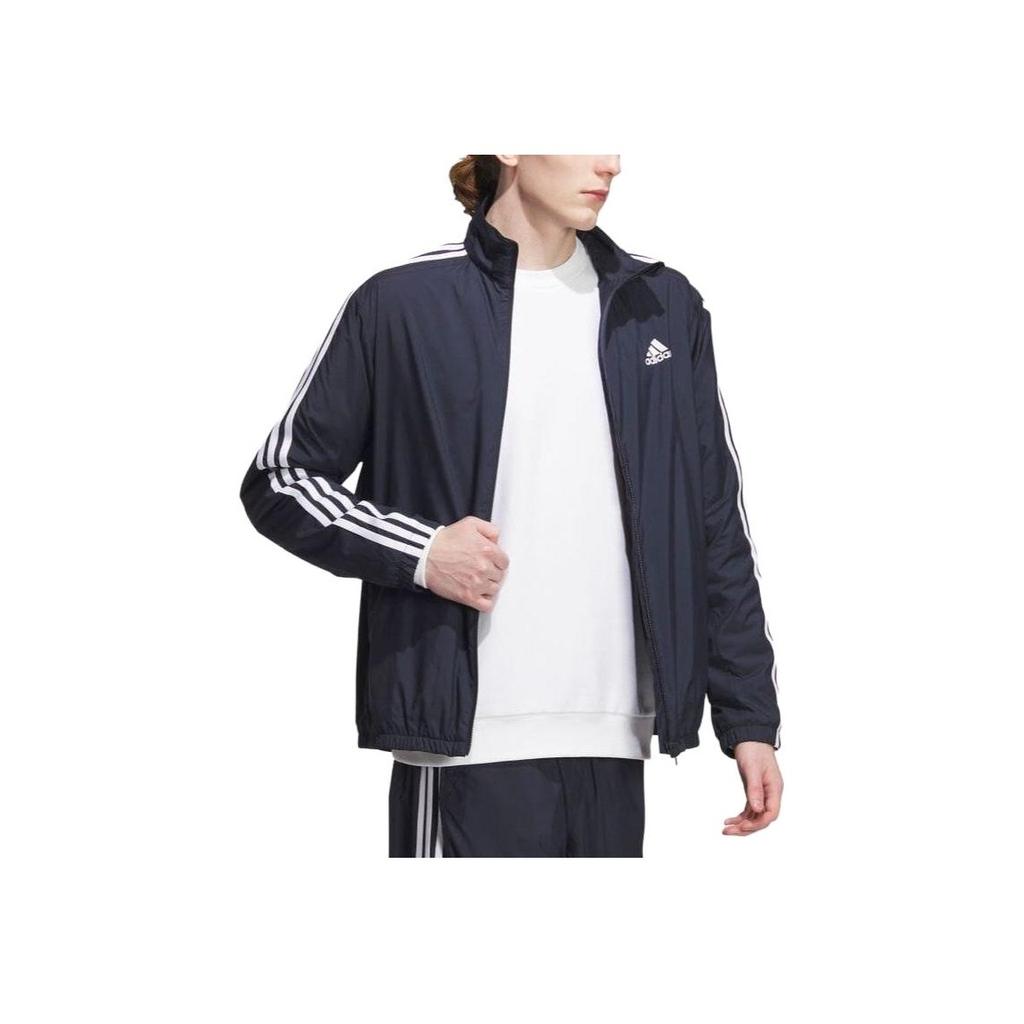 Adidas Logo Three Stripes Zip-Up Stand Collar Jacket Retro Sports Jacket Men Jacket Dark-Blue IK7336