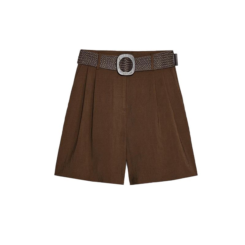 

Lapel Short Sleeve Loose Shirt 8372226 8372225 with Belt Pleated Casual Shorts 8372444 Brown shorts L