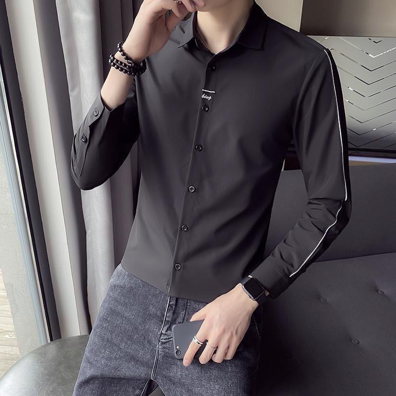 Men's Slim Fit Black Long Sleeve Shirt with Side Stripes Casual Business Formal Shirt