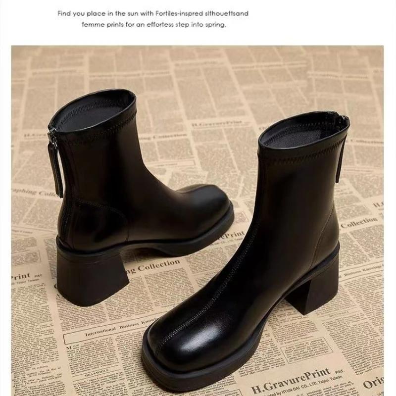 Madingi juodi moteriški ankle boots Madingi užtrauktukai gale Žemas kvadratinis kulnas Moteriški batai Neslystantis storas padas Laisvalaikio kasdienio nešiojimo batai