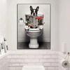 Dog Monkey Highland Cow Sitting on The Toilet Reading Newspaper Poster Animal Print Canvas Painting Funny Bathroom Wall Decor