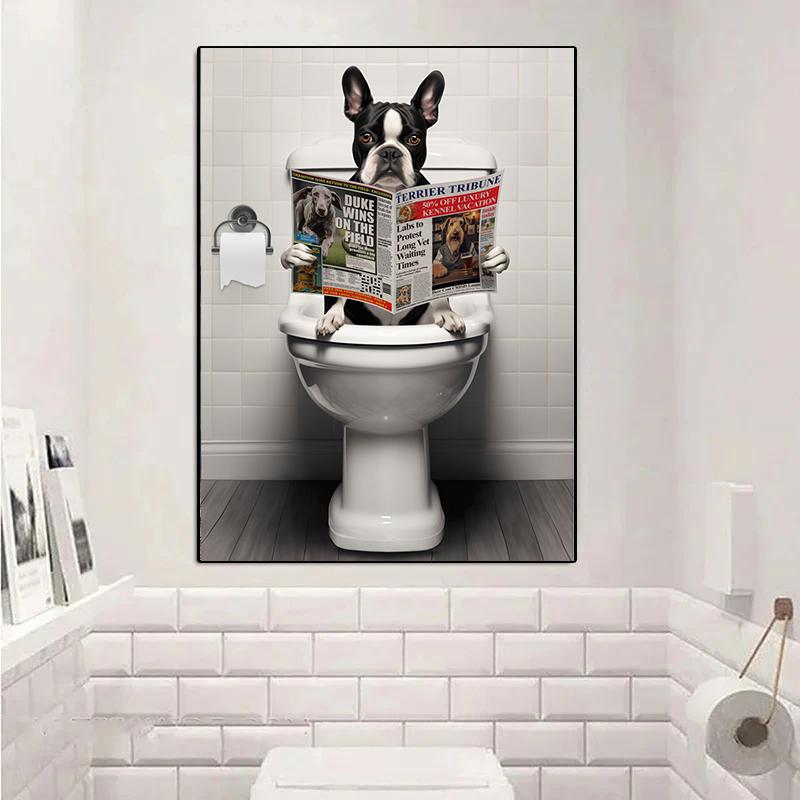 Dog Monkey Highland Cow Sitting on The Toilet Reading Newspaper Poster Animal Print Canvas Painting Funny Bathroom Wall Decor