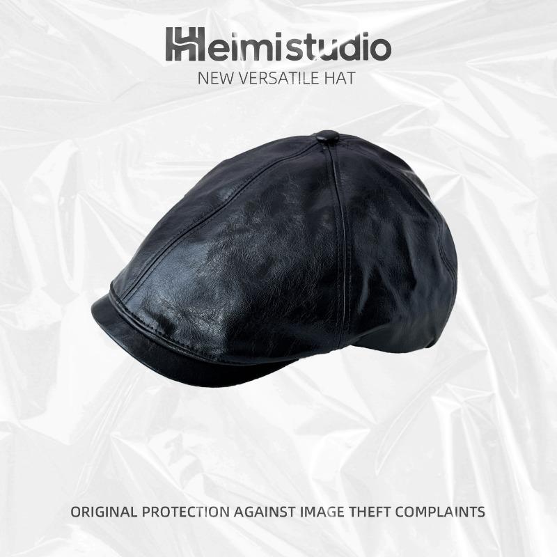 Vintage street trendy hat leather forward hat men's and women's autumn shiny leather beret fashion versatile painter hat