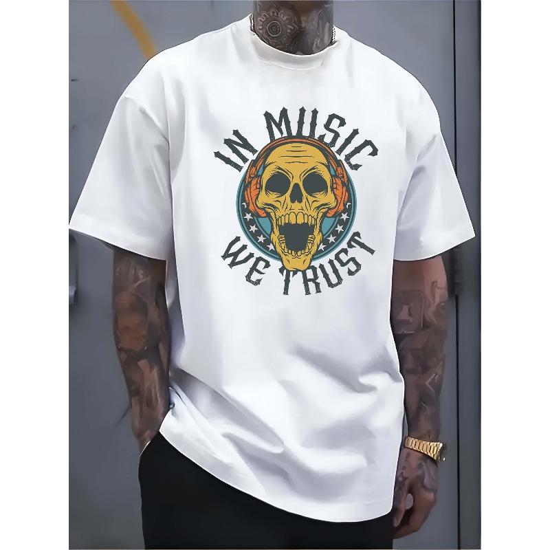 

European Size Men s Pure - Polyester White T - shirt: Sound Skull Anthem: Men s White Polyester Tee 4XL білий
