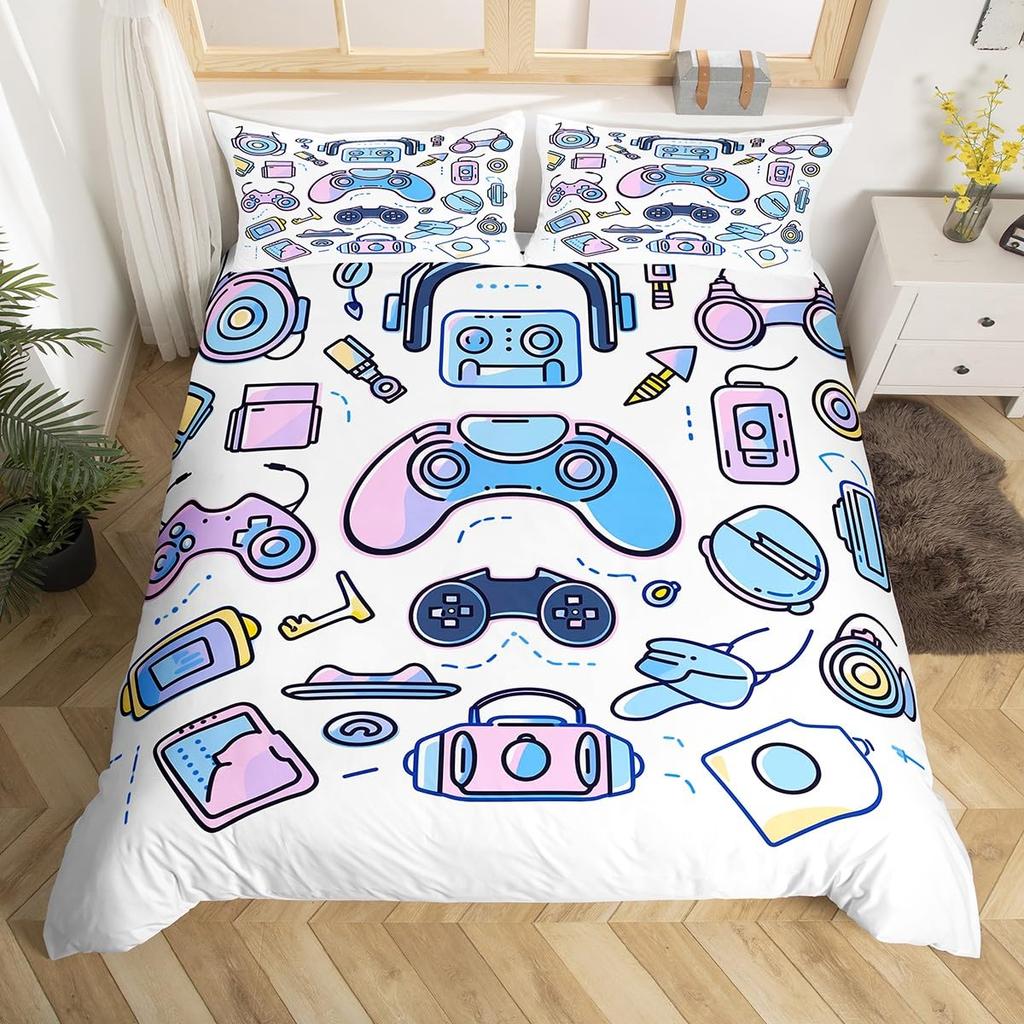 Gamer Duvet Cover Gaming Bedding Set Boys Teens Video Games Controller Buttons Quilt Cover Hand Drawn Gamepad Comforter Cover