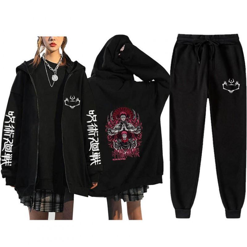 Unisex Winter Casual Sport Set With Anime Print Hooded Zip-Up Sweatshirt Jogger Pants Cotton Blend