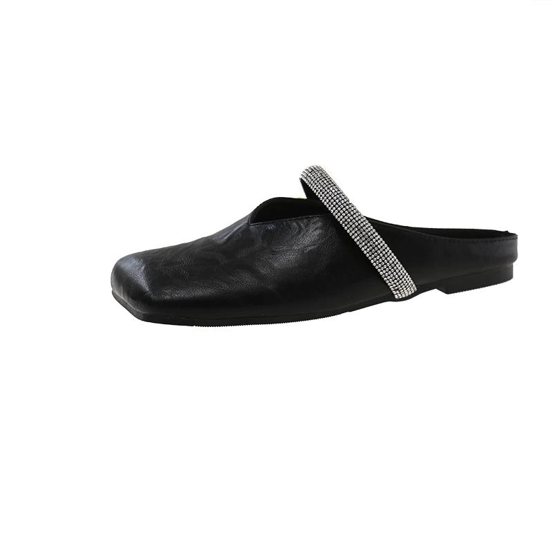 

Модные туфли-мюли с бантиком и жемчугом на плоской подошве с закрытым носком для женщин, новая летняя обувь Мэри Джейн с мелким вырезом, повседневные шлепанцы 42 чёрный