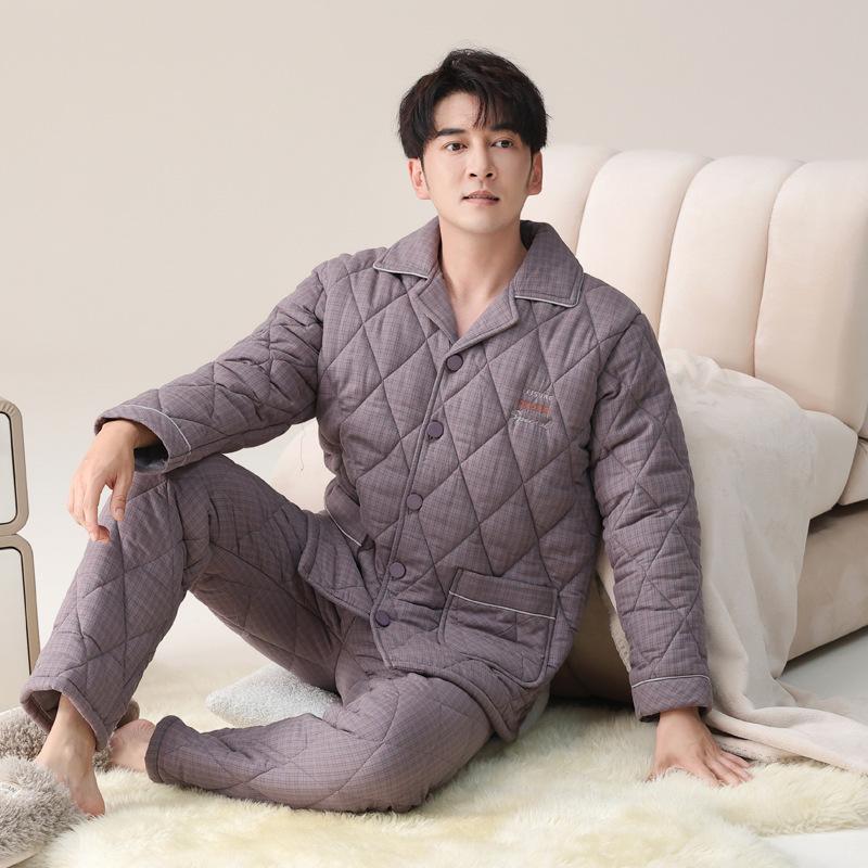Pajamas Men'S Winter Velvet Thickened Woven Pure Cotton Three-Layer Padded Cotton Jacket Autumn And Winter Loungewear