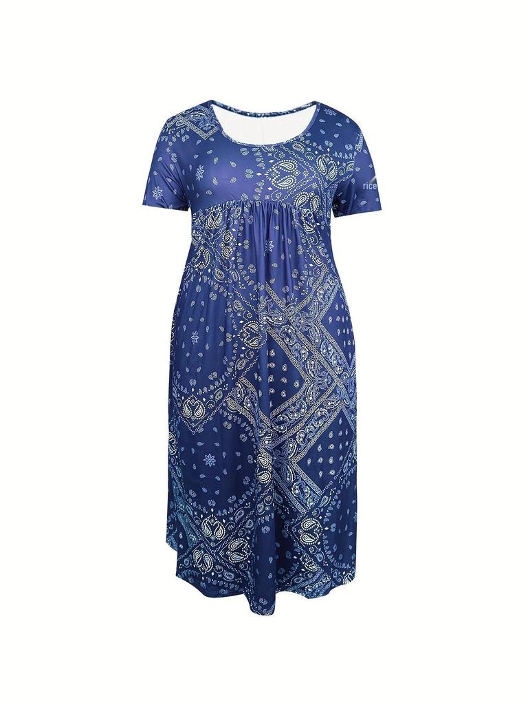 Europäisches & Amerikanisches Sommer Retro Print Mittelhoher Taillenlanger Kleid - Kurzarm, Rundhalsausschnitt, Bequemer Lässiger Stil Pullover