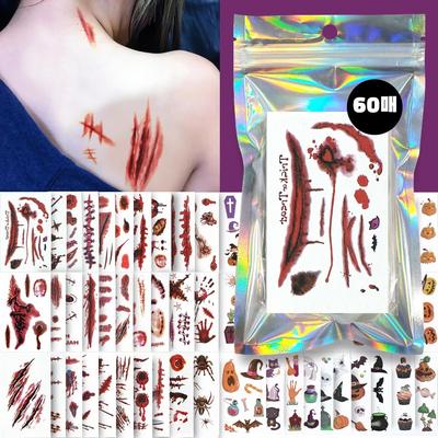 Nizel Children's Halloween Wound Tattoo Sticker Kids Henna Tattoo Replica, 1 Set, Halloween Mini C Set (60 Pieces) (Wounds + A)