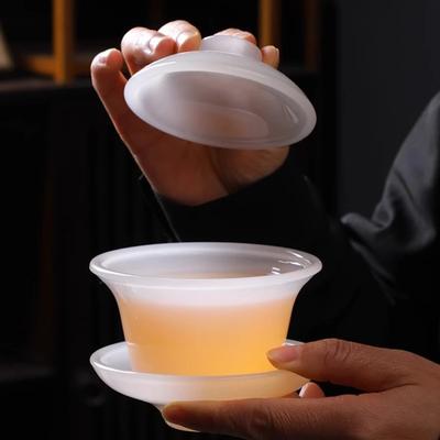 Light Luxury Glazed Three Talents Cover Bowl White Jade Household Kung Fu Tea Set Office Meeting Guest Gift Jade Porcelain
