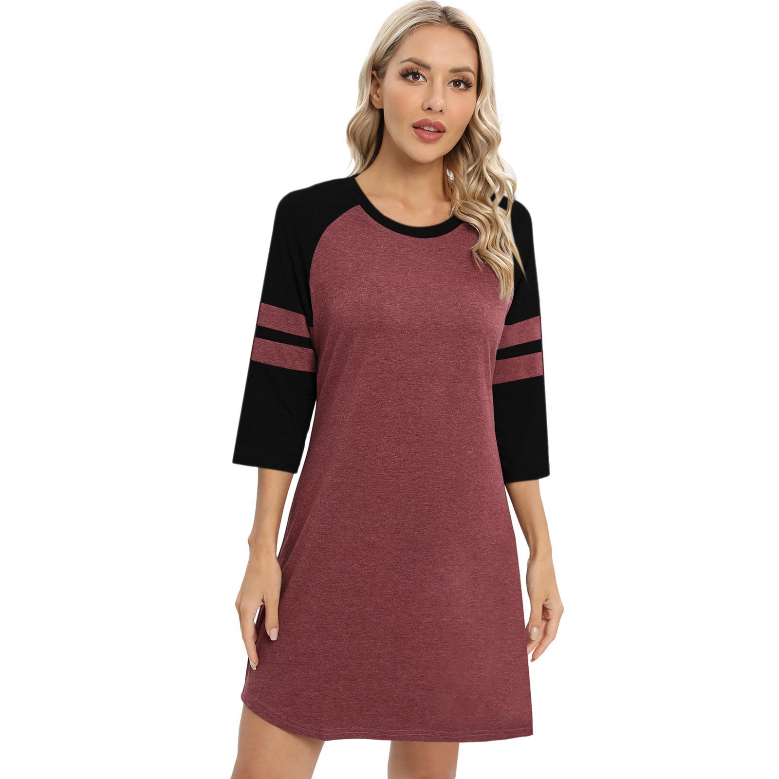 Женская домашняя одежда Ночная рубашка с контрастными полосками, Круглый вырез, Короткий рукав, Домашняя пижама для женщин S кларет