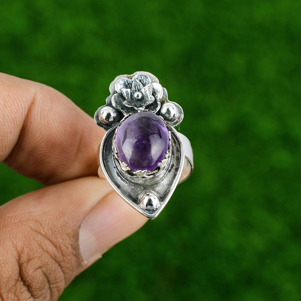 Natural African Amethyst 925 Silver Promise Flower Adjustable Ring For Girls