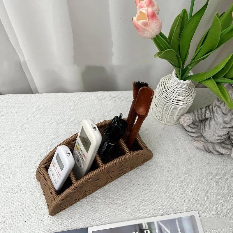 Multi-Use Weaving Storage Basket Plastic Weave Pattern Woven Basket Brown Grey Compartmentalized Organizer Basket