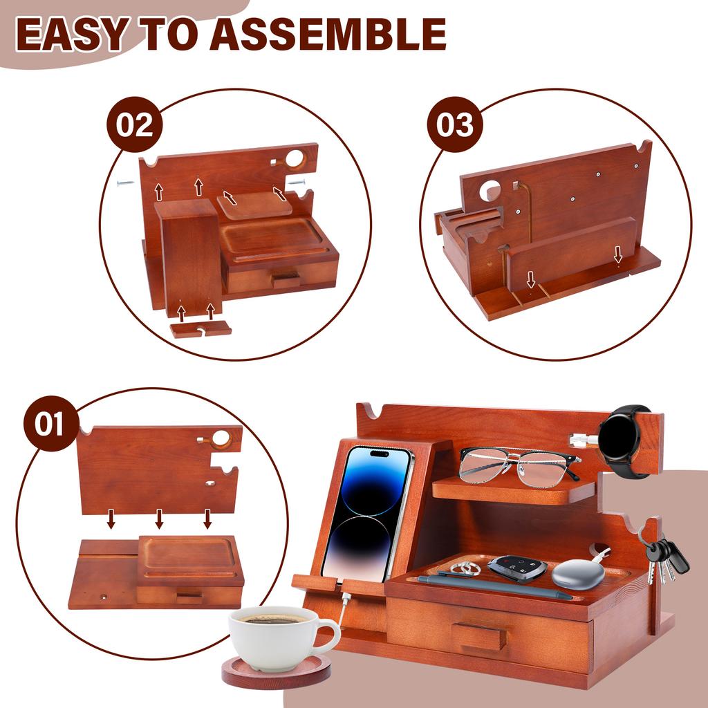Wood Phone Docking Station with Drawer Bedside Key Wallet Watch Jewelry Stand Storage Rack Desk Organizer Multifunctional