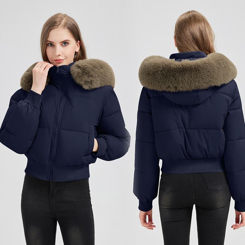 Palton de iarnă elegant pentru femei, stil european/american, design cu talie înaltă, cald și la modă, cu guler mare din blană artificială.
