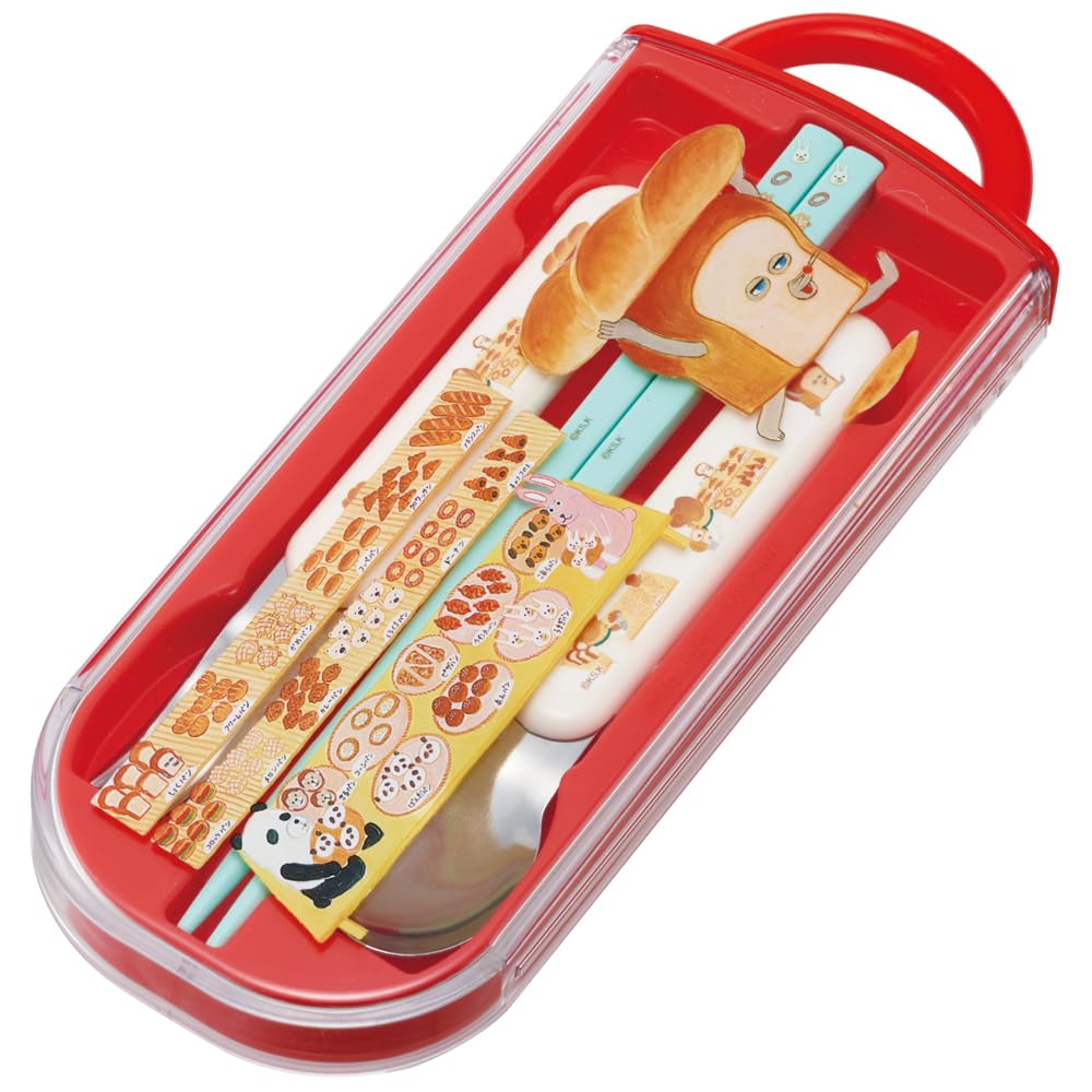 Skater Bento Trio and Antibacterial Made in TACC2AG Kids' Set, Chopsticks, Spoon, Fork, Cutlery, Easy-Open Slide-Open Design, Japan, "Bread Thief"