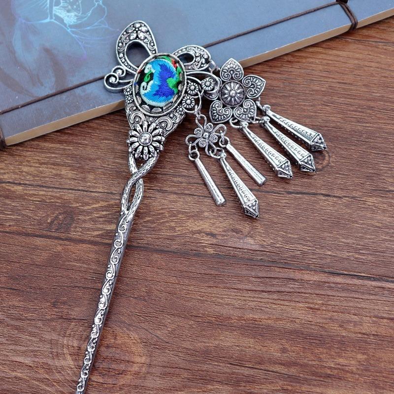 Vintage embroidery earrings hairpin classical temperament Miao peacock flower fringed earrings hair accessories set women