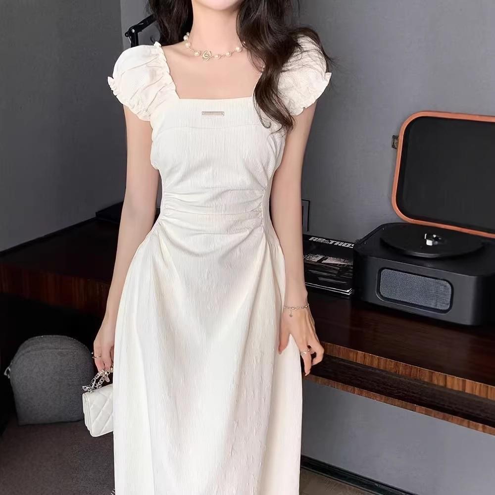 New Small French Square Neck White Dress Summer Women's Clothing Gentle Style Temperament Waist Dress