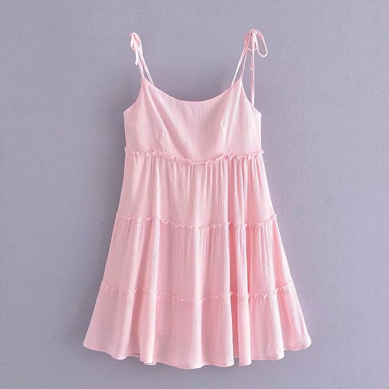 Kaslead New Arrival Women's Clothing Fashion Style Layered Patchwork Pink Sling Dress Loose Versatile Short Skirt