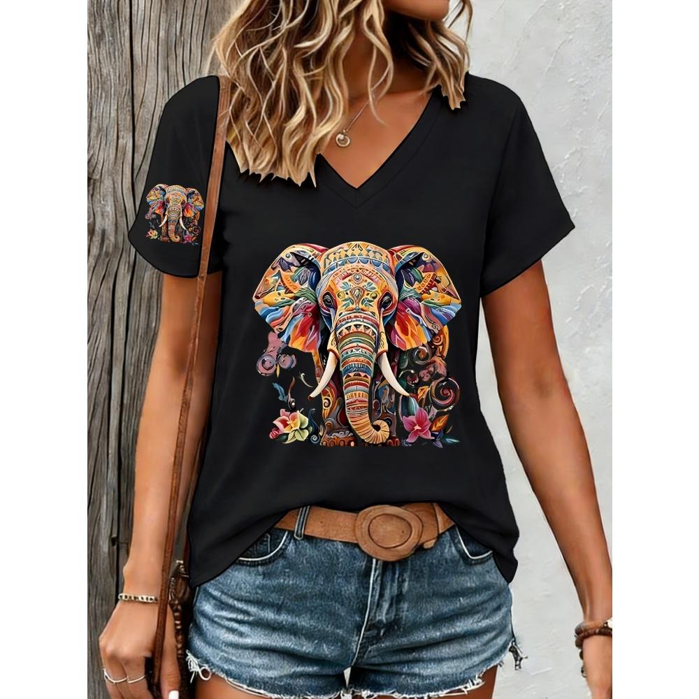 Retro Paisley Texture Animal Elephant Print Women's Summer Elegant Comfortable, Breathable V-Neck Short Sleeved Casual T-Shirt