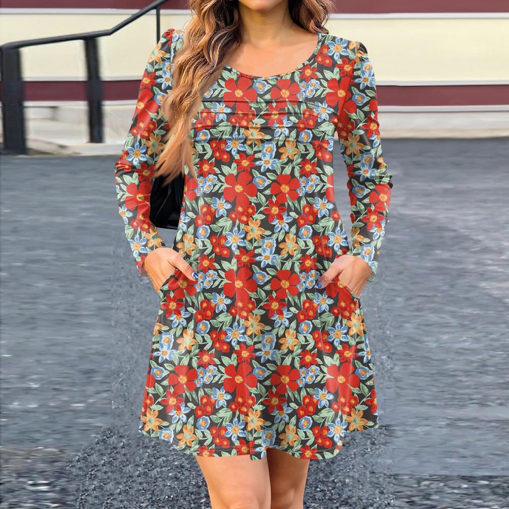 Damen Langarmkleid Herbst Freizeit T-Shirt Lockere Passform Plissiertes Vorderteil Kleider mit Taschen